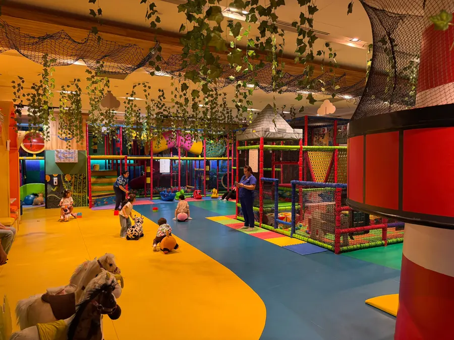 A wide view of the venue set up for a group event